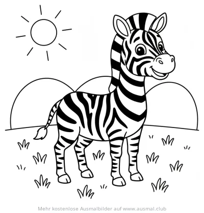 Zebra Ausmalbild auf Wiese mit Sonne und Hügeln