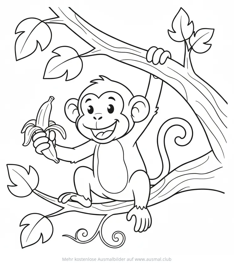 Affe mit Banane auf Ast Ausmalbild