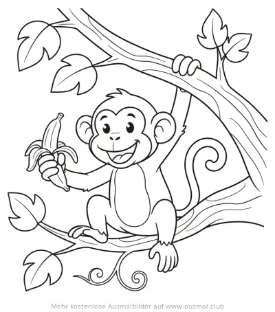 Affe mit Banane auf Ast Ausmalbild