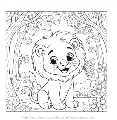 Löwenbaby mit Schmetterling Ausmalbild im Dschungel
