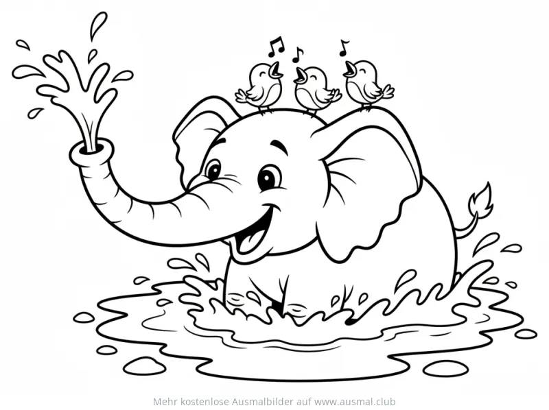 Elefant spritzt mit Wasser und Vögel sitzen auf seinem Kopf Ausmalbild