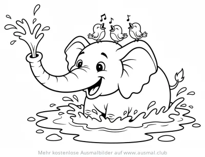 Elefant spritzt mit Wasser und Vögel sitzen auf seinem Kopf Ausmalbild