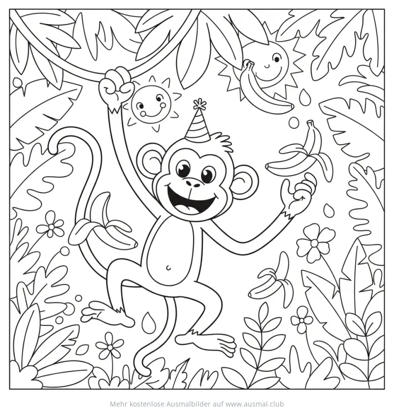 Affe mit Partyhut im Dschungel Ausmalbild