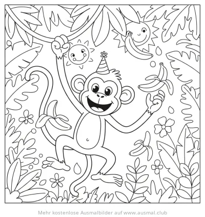 Affe mit Partyhut im Dschungel Ausmalbild