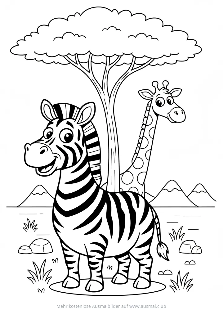 Zebra und Giraffe unter Baum Ausmalbild