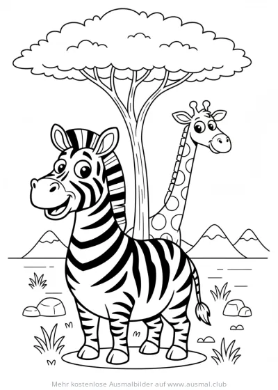 Zebra und Giraffe unter Baum Ausmalbild
