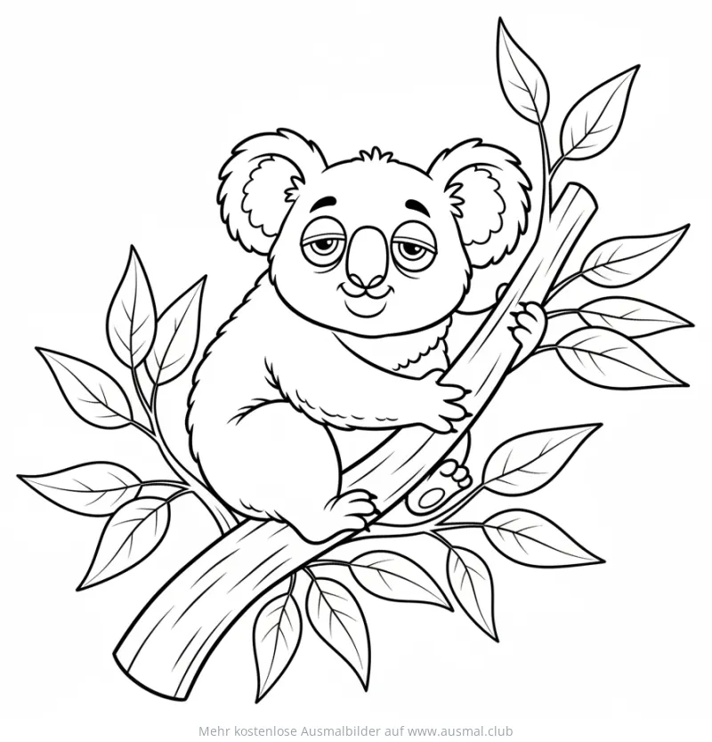 Koala sitzt auf Ast, umgeben von Blättern Ausmalbild