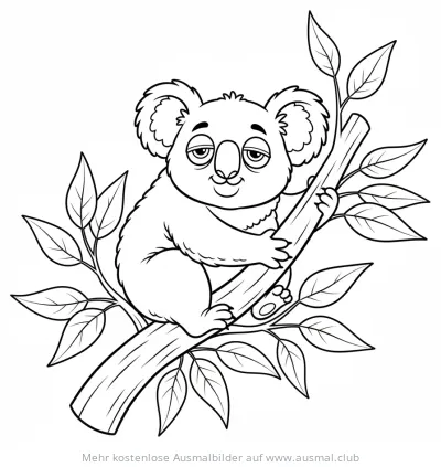 Koala sitzt auf Ast, umgeben von Blättern Ausmalbild
