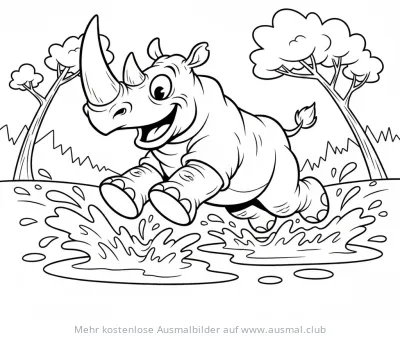 Fröhliches Nashorn springt durch Wasser, Ausmalbild