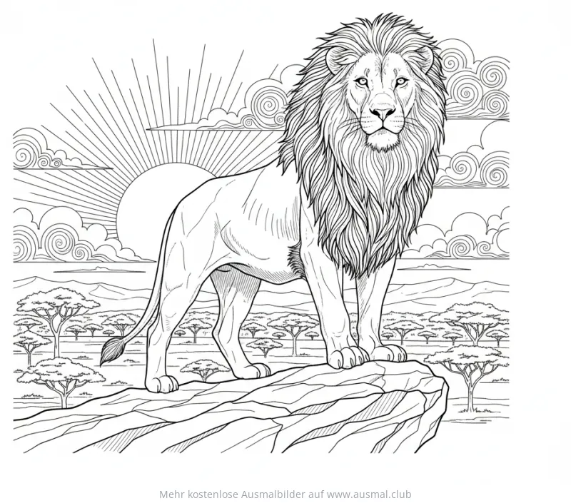 Löwe auf Felsen mit Savannenlandschaft Ausmalbild