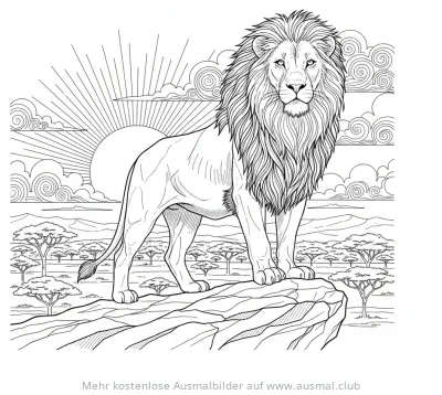 Löwe auf Felsen mit Savannenlandschaft Ausmalbild