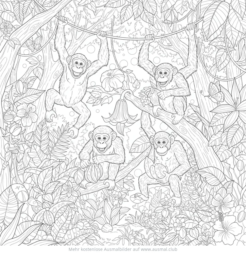 Schimpansen im Dschungel Ausmalbild