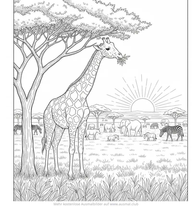 Giraffe frisst Blätter Ausmalbild in afrikanischer Savanne