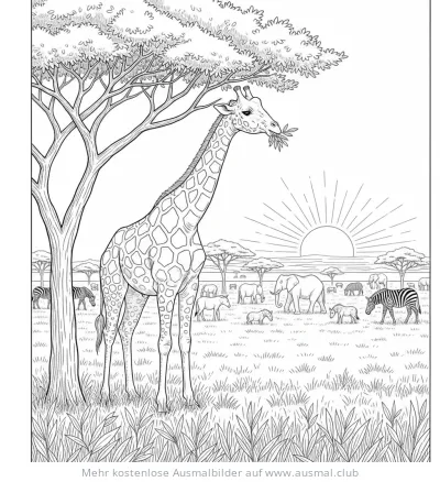 Giraffe frisst Blätter Ausmalbild in afrikanischer Savanne