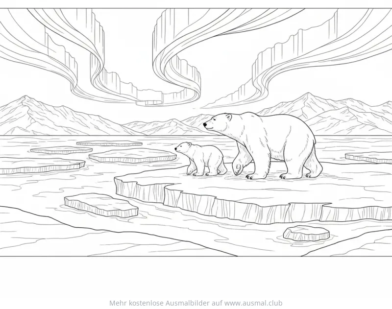 Eisbär Mutter mit Jungem unter Polarlicht Ausmalbild