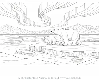 Eisbär Mutter mit Jungem unter Polarlicht Ausmalbild