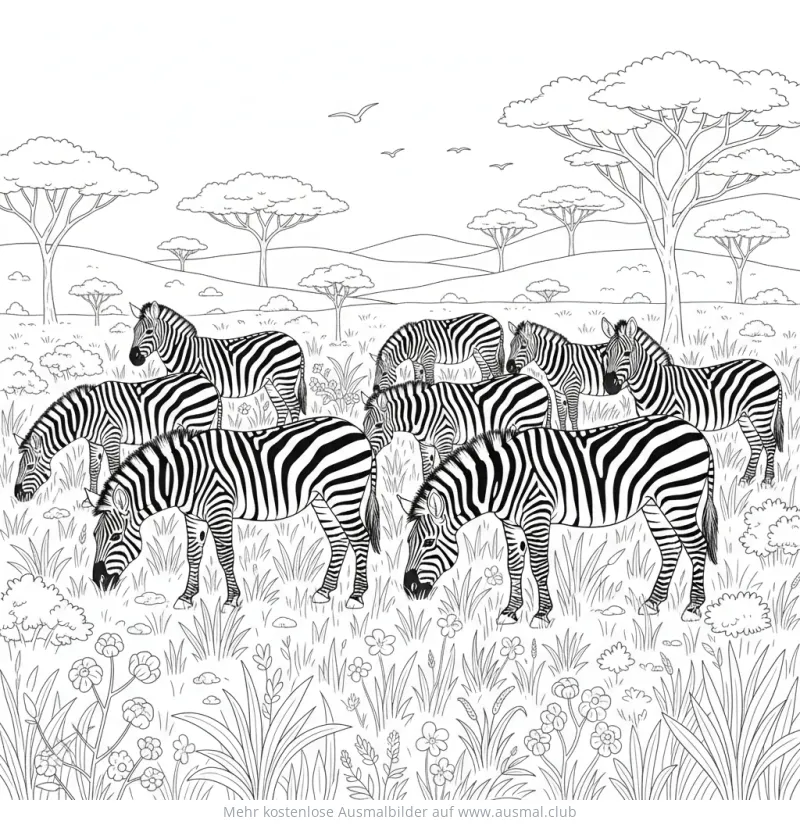 Mehrere Zebras auf einer Wiese Ausmalbild