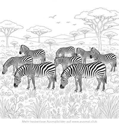 Mehrere Zebras auf einer Wiese Ausmalbild