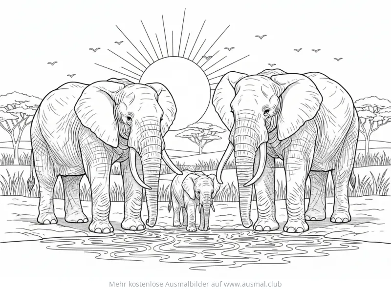 Elefanten Familie am Wasserloch Ausmalbild