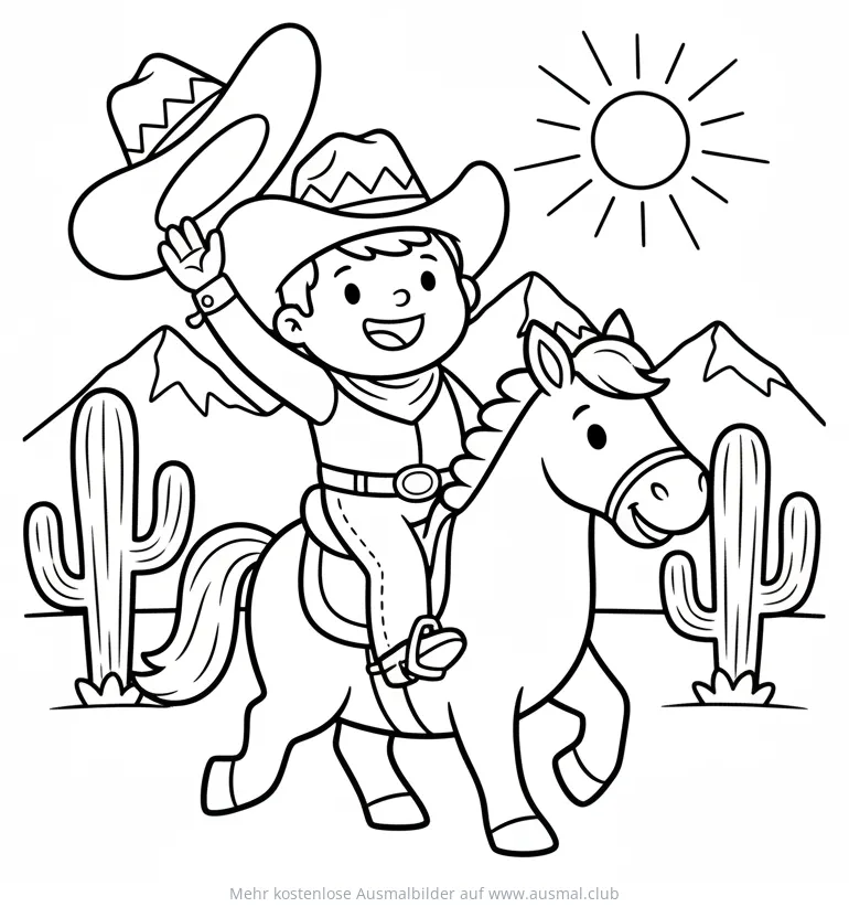 Freundlicher Cowboy reitet auf Pferd Ausmalbild