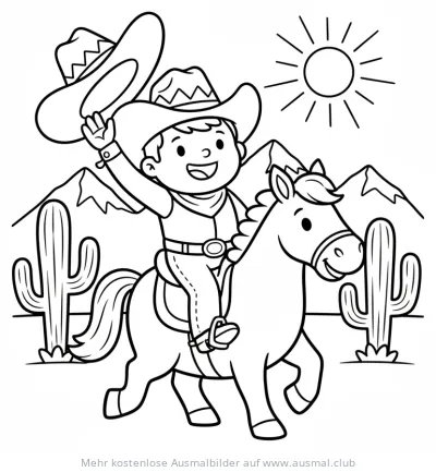 Freundlicher Cowboy reitet auf Pferd Ausmalbild