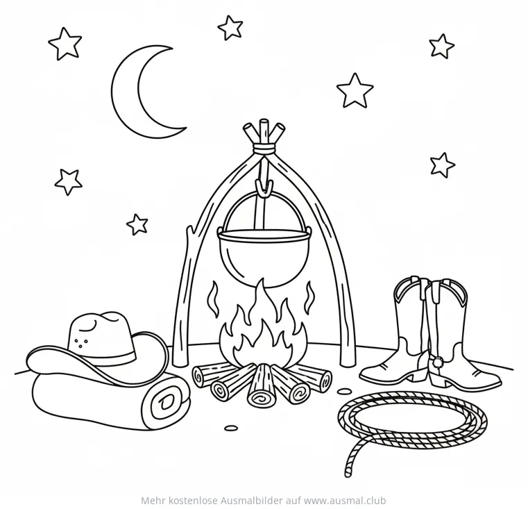 Wildwest Lagerfeuer Ausmalbild mit Cowboyhut, Stiefeln und Lasso