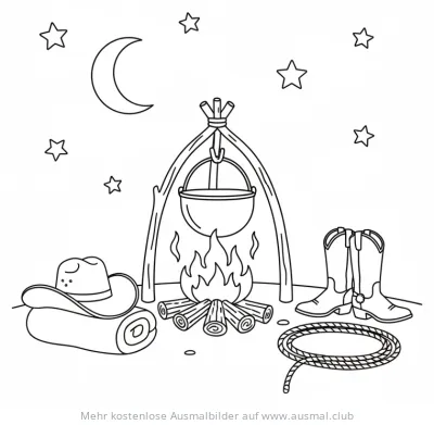 Wildwest Lagerfeuer Ausmalbild mit Cowboyhut, Stiefeln und Lasso