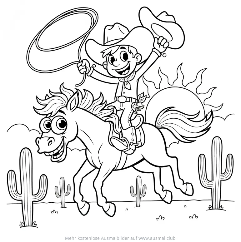 Fröhlicher Cowboy reitet auf einem Pferd mit Lasso und Hut Ausmalbild