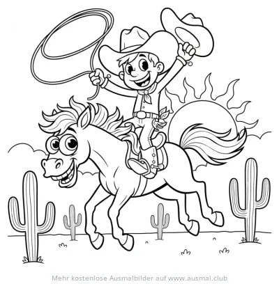 Fröhlicher Cowboy reitet auf einem Pferd mit Lasso und Hut Ausmalbild