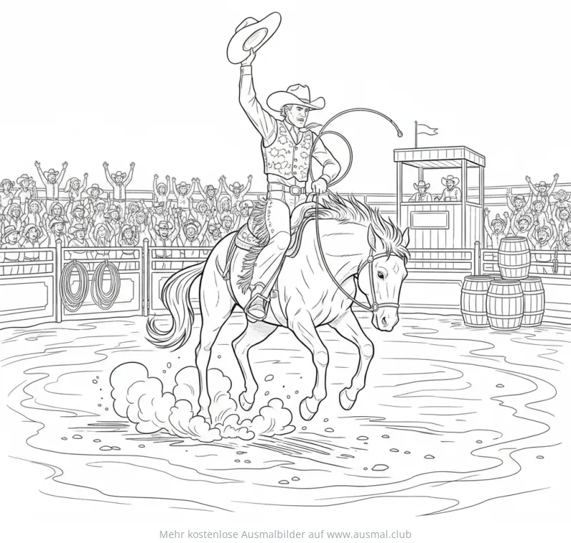 Cowboy auf wildem Pferd im Rodeo Ausmalbild
