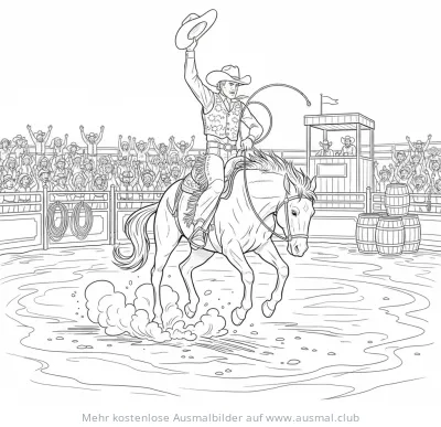 Cowboy auf wildem Pferd im Rodeo Ausmalbild