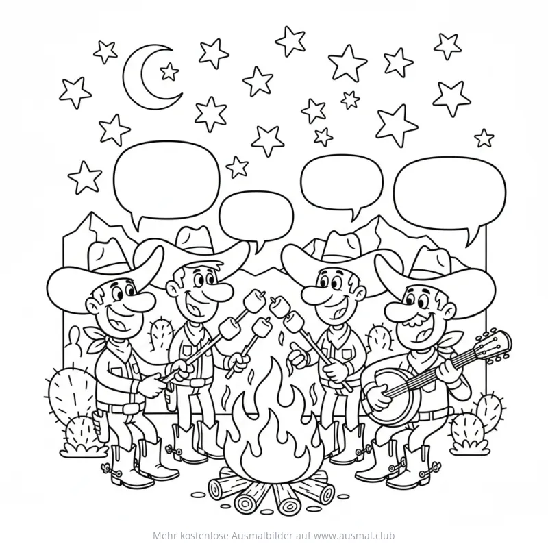 Cowboys am Lagerfeuer mit Marshmallows und Gitarre Ausmalbild