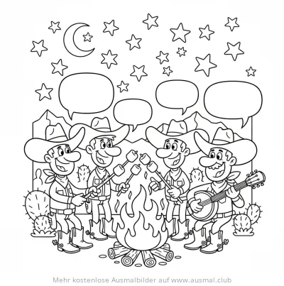 Cowboys am Lagerfeuer mit Marshmallows und Gitarre Ausmalbild