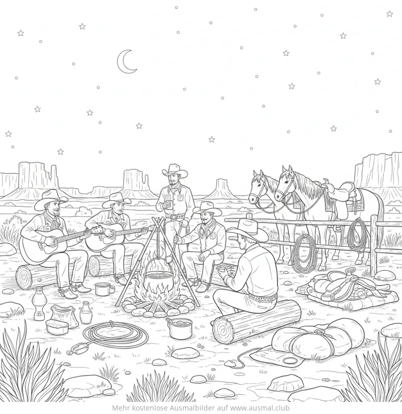 Cowboys am Lagerfeuer mit Gitarre und Pferden Ausmalbild