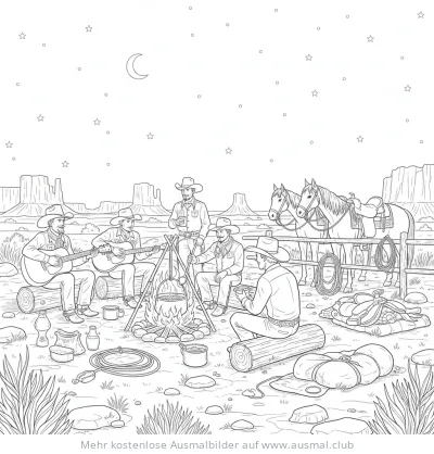 Cowboys am Lagerfeuer mit Gitarre und Pferden Ausmalbild