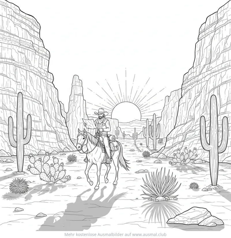 Cowboy auf Pferd mit Karte im Canyon Ausmalbild