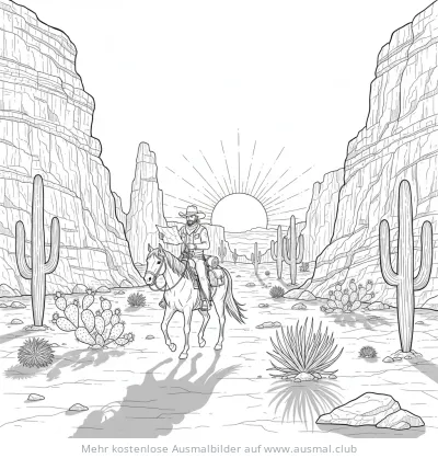 Cowboy auf Pferd mit Karte im Canyon Ausmalbild