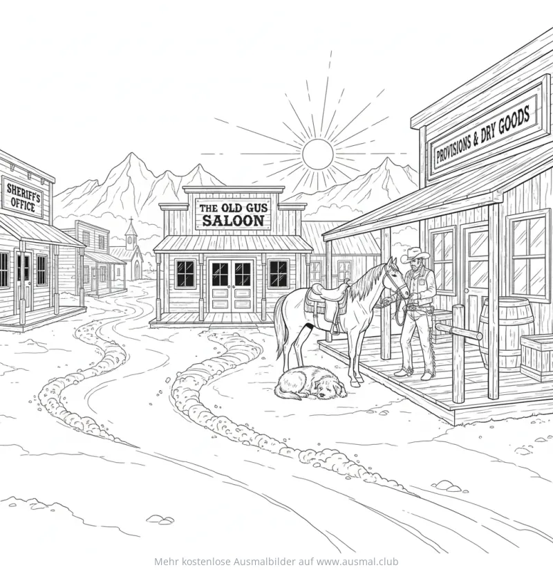 Westernstadt mit Cowboy, Pferd und Saloon Ausmalbild