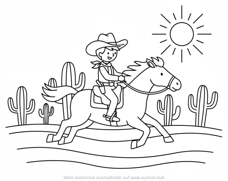 Cowboy reitet auf Pferd durch die Wüste Ausmalbild