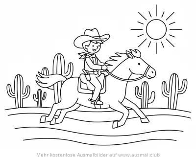 Cowboy reitet auf Pferd durch die Wüste Ausmalbild