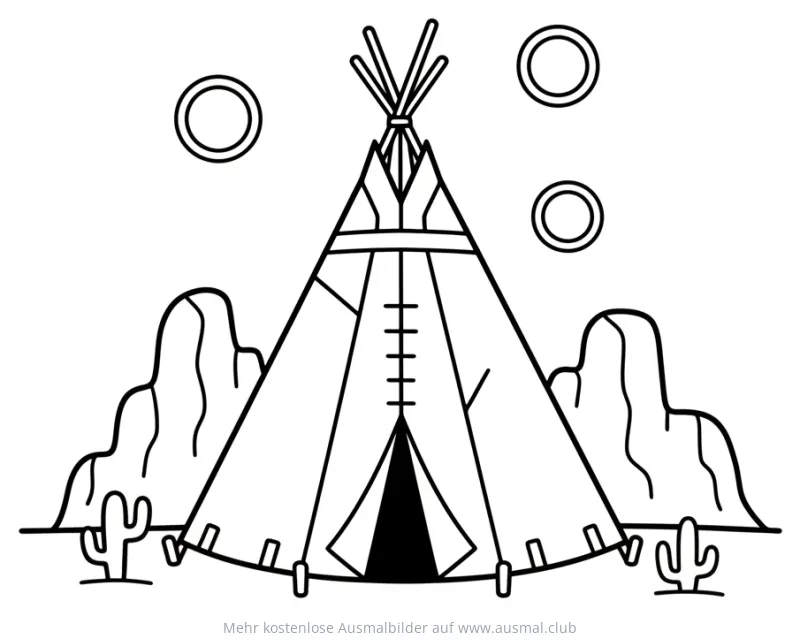 Tipi im Wilden Westen Ausmalbild mit Kakteen und Hügeln