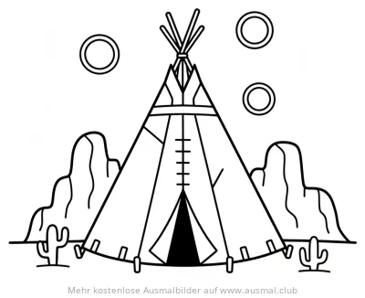 Tipi im Wilden Westen Ausmalbild mit Kakteen und Hügeln