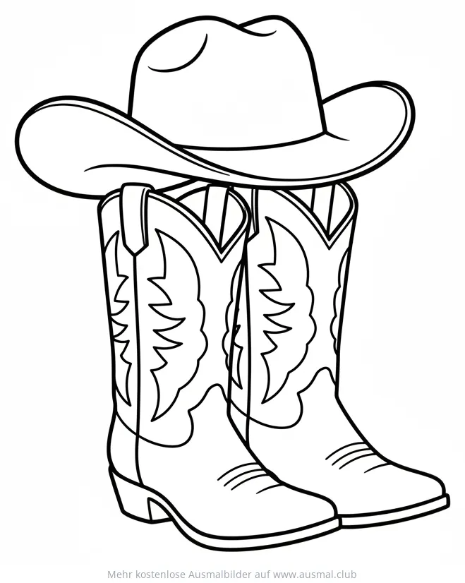 Cowboyhut und Cowboy Stiefel Ausmalbild