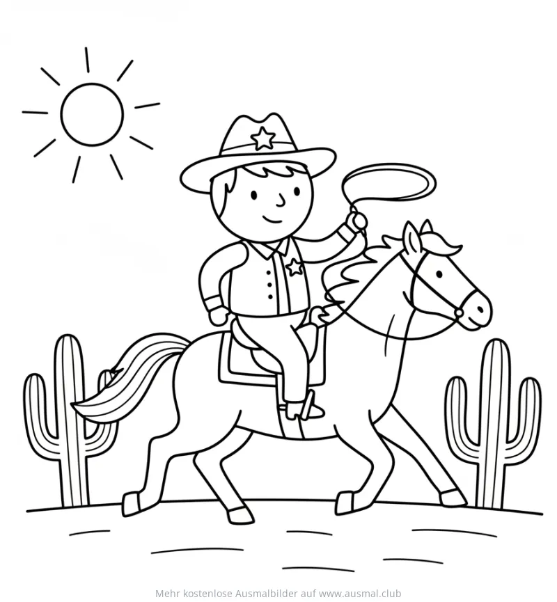 Sheriff reitet auf Pferd durch Wüste, Ausmalbild