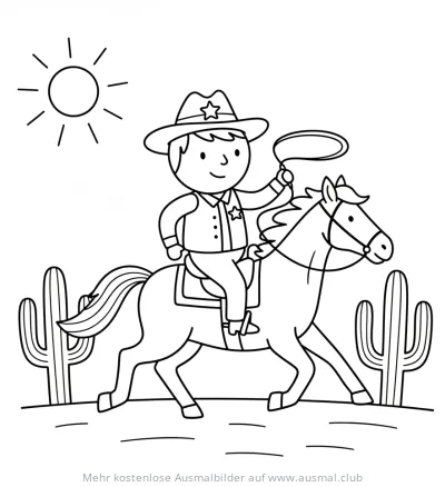 Sheriff reitet auf Pferd durch Wüste, Ausmalbild