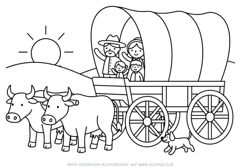 Pionierwagen Ausmalbild mit Familie, Ochsen und Hund
