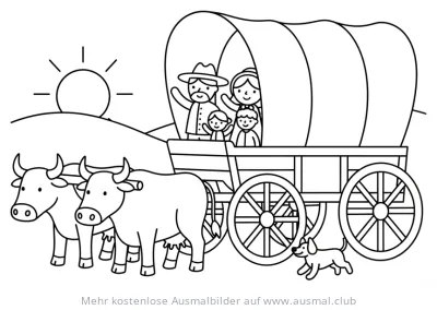 Pionierwagen Ausmalbild mit Familie, Ochsen und Hund