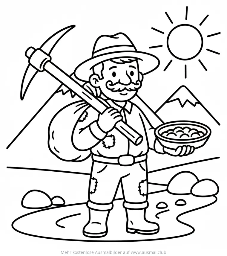 Goldsucher mit Spitzhacke und Sieb Ausmalbild