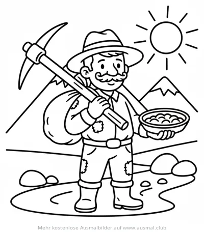 Goldsucher mit Spitzhacke und Sieb Ausmalbild