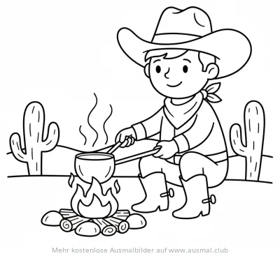 Cowboy am Lagerfeuer kocht Ausmalbild